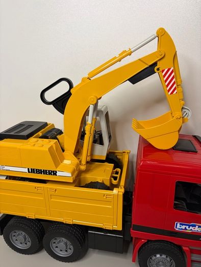 Vintage 2001 Bruder Mercedes Actros 4143 Tipping Truck with Liebherr Rotating Excavator