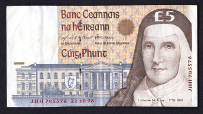 1996 Ireland IR5 Catherine McAuley Banknote Series C. Note issued 22/10/96. Serial number JHH785576