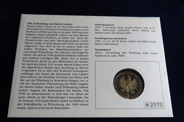 Martin Luther vintage coin cover 1983 stamp 5 Deutsche Mark Martin Luther.