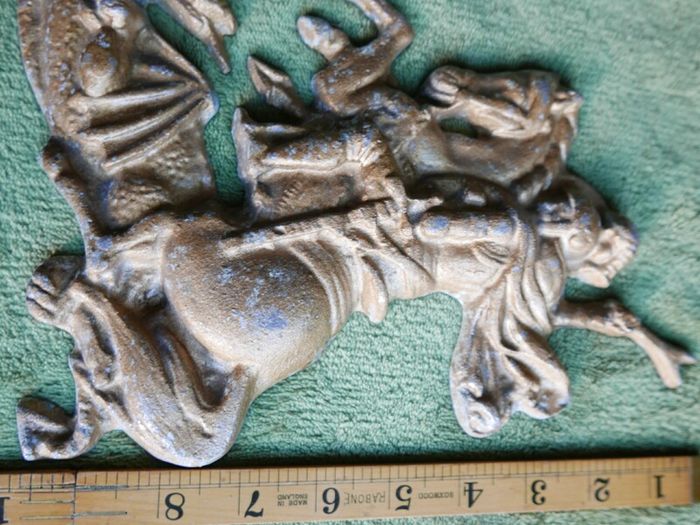 Vintage Aluminum Warrior Killing The Dragon Horseman Fighting With Dragon Reliev Figurine 9" X 7,5"