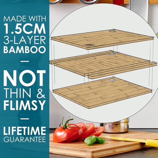 LARHN Extra Thick 3 Piece Wooden Chopping Board Set Bamboo - Brand New