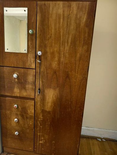 Vintage Wooden Wardrobe / Armoire with Mirror, Drawers & Decorative Knobs