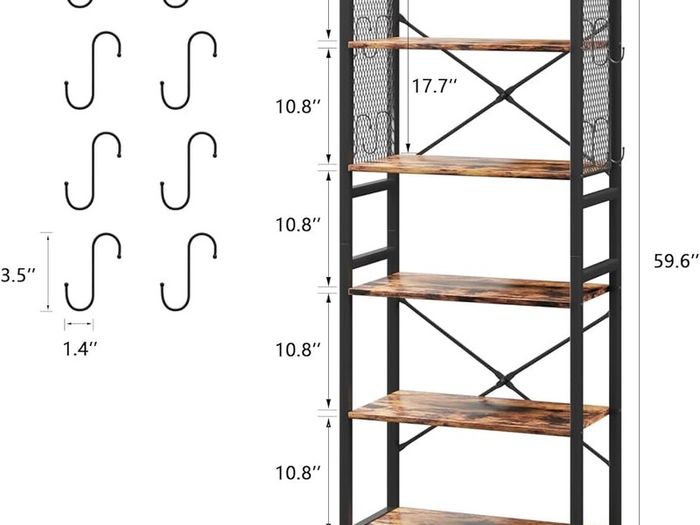 NEW SALE | 6 Tier Bookshelf, Standing Bookcase with 2 X-shape Strips,Metal Mesh Side Panels, 8 S-shaped Hooks, Industrial Storage Rack for Office, Living Room