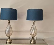 Pair of glass table lamps with teal shades