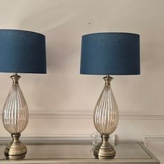 Pair of glass table lamps with teal shades