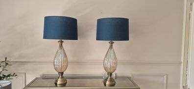 Pair of glass table lamps with teal shades
