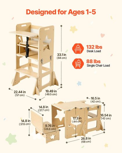 Toddler Tower, Wooden, 6 in 1 Kitchen Step Stool for Kids 1-5, Montessori Weaning Table and Chair Set