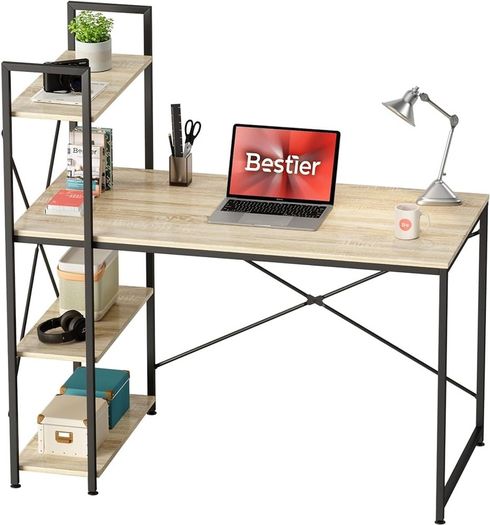 120CM Computer Desk with Storage Shelves Corner Desk Writing Desk with Shelves Reversible Computer Desk with Bookshelf for Home Office Small Space