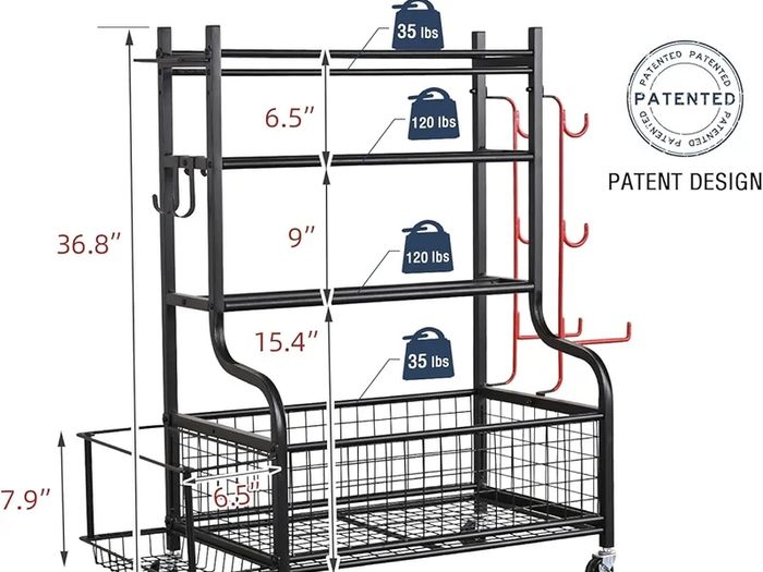 Dumbbell Rack Stand, Multifunctional Weight Rack for Dumbbells, Yoga Mat, Fascia Roller, Kettlebell and Yoga Block, Powder-Coated Steel Dumbbell Stand with Wheels and Hooks