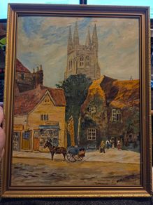 1970's Oil Painting of Church and Woolpack Hotel, Kent - Signed