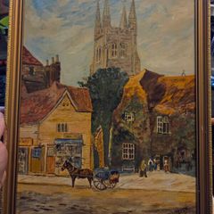 1970's Oil Painting of Church and Woolpack Hotel, Kent - Signed