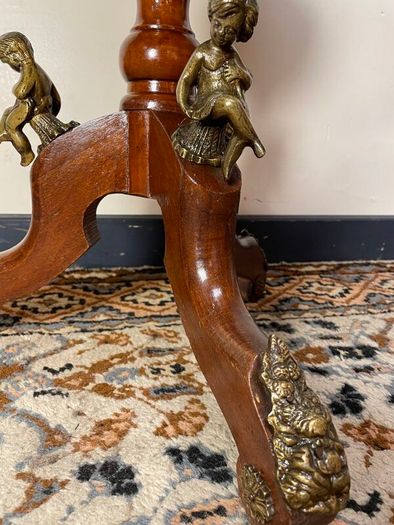 French Style Marquetry & Brass Round Centre Table , Cherub Motifs & Glass Top