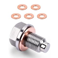 M12x1.75 Magnetic Oil Drain Plug, Stainless Steel Sump Drain Nut Bolt with 5 PCS Oil Drain Plug Washer, Oil Plug Replacement Universal for Most Cars Motorcycles Vehicles