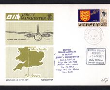 1971 Jersey Illustrated Cover commemorative First Flight from Jersey to Manchester by British Island Airways (BIA) tying 2 1/2p Arms and Royal Mace definitive stamp