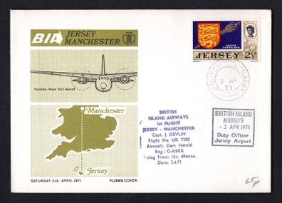 1971 Jersey Illustrated Cover commemorative First Flight from Jersey to Manchester by British Island Airways (BIA) tying 2 1/2p Arms and Royal Mace definitive stamp