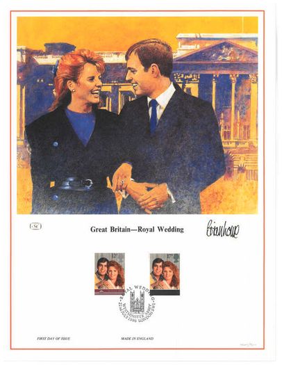 1986 Great Britain Limited Edition Lithographed Print measuring 333mm X 257mm showing Royal Wedding Prince Andrew & Sarah Ferguson Commemorative stamps with First Day of Issue Cancel