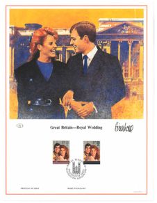 1986 Great Britain Limited Edition Lithographed Print measuring 333mm X 257mm showing Royal Wedding Prince Andrew & Sarah Ferguson Commemorative stamps with First Day of Issue Cancel