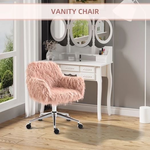 Faux Fur Computer Desk Chair, Vanity Chair with Adjustable Height, Swivel Wheels for Office, Bedroom, Pink