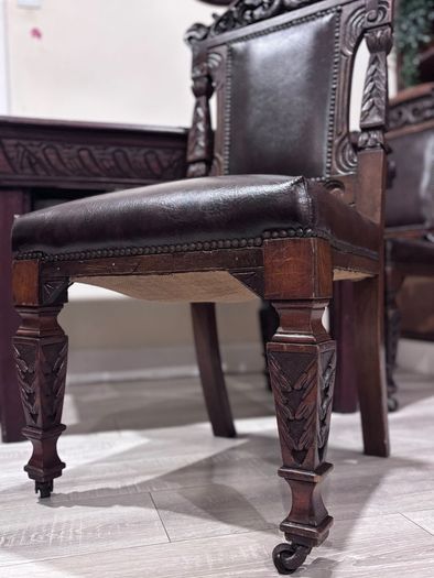 French Renaissance Revival Carved Oak Dining Set w/ 4 Leather Chairs