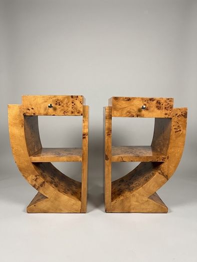 Olive Burl Pair Of Art Deco Style Bedside Lockers / Nightstands