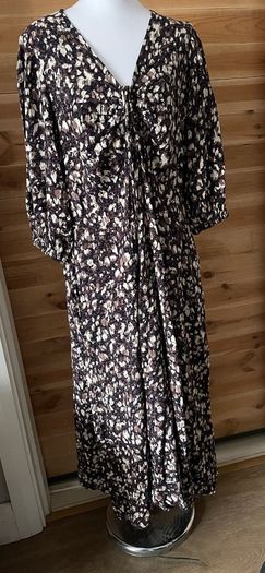 dress FatFace midi v neck 3-4 sleeves  size 16 brown floral pattern black beige BNWT