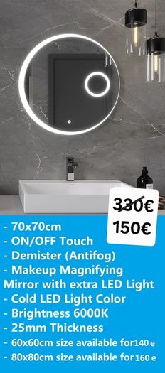 LED Bathroom Mirrors Speakers Demister Antifog Weather Station Clock Dual LED Sensor Touch