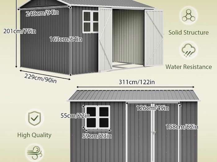 8 x 10 ft Outdoor Storage Shed Galvanized Metal Bike Shed, Tiny House Garden Tool Storage with Air Vent and Slide Door for Backyard Patio Lawn, Gray