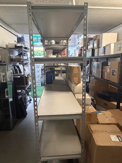 Rivet Shelving 2130h x 1220w x 457d 6 level angled 250kg UDL laminated timber for sale - very good condition