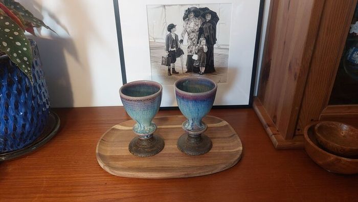 Wonderful Pair of Studio Art Pottery Goblets by Martin Branch Lyre Pottery, Cloncorban, Rossmore, Clonakilty, West Cork in a Fabulous Colourful Variegated Glaze. Pair One