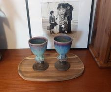 Wonderful Pair of Studio Art Pottery Goblets by Martin Branch Lyre Pottery, Cloncorban, Rossmore, Clonakilty, West Cork in a Fabulous Colourful Variegated Glaze. Pair One
