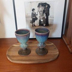 Wonderful Pair of Studio Art Pottery Goblets by Martin Branch Lyre Pottery, Cloncorban, Rossmore, Clonakilty, West Cork in a Fabulous Colourful Variegated Glaze. Pair One