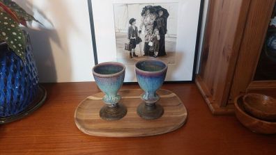 Wonderful Pair of Studio Art Pottery Goblets by Martin Branch Lyre Pottery, Cloncorban, Rossmore, Clonakilty, West Cork in a Fabulous Colourful Variegated Glaze. Pair One