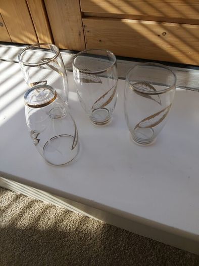 Vintage drinking glassware leaf pattern Engraved with Gold Trim