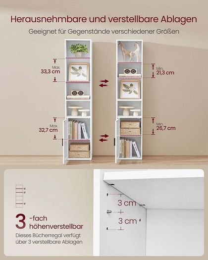Slim Tall White Bookcase with Cabinet Storage Shelf