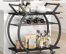 Drinks Trolley, Rolling Bar Cart, Kitchen Trolley on Wheels, Modern Serving Trolley, Wine Cart with Storage Shelves, Wine Holders, for Home Bar, Dining Living Room, Black