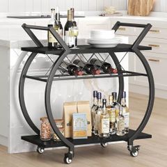 Drinks Trolley, Rolling Bar Cart, Kitchen Trolley on Wheels, Modern Serving Trolley, Wine Cart with Storage Shelves, Wine Holders, for Home Bar, Dining Living Room, Black