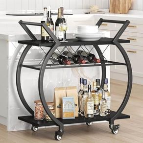 Drinks Trolley, Rolling Bar Cart, Kitchen Trolley on Wheels, Modern Serving Trolley, Wine Cart with Storage Shelves, Wine Holders, for Home Bar, Dining Living Room, Black