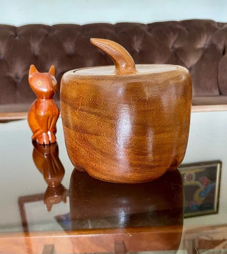 Vintage Apple Shaped Wood Jar Container Round Wooden Box 1960s 70s