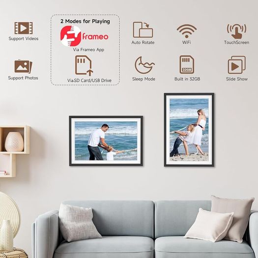 WiFi Digital Photo Frame 1280x800 HD IPS Touchscreen, 32GB Storage, Auto-Rotate, Wall-Mountable for Sharing Photos & Videos