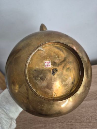 Vintage Etched Brass Teapot with Wooden Handle, Decorative Gold Teapot