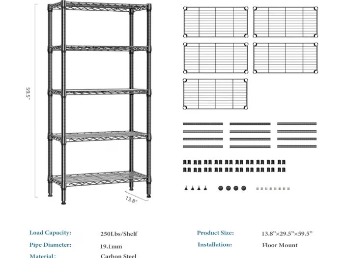 5 Tier Shelf Metal Storage Shelves Shelving Wire Rack Heavy Duty Closet Organizers for Garage Kitchen Bathroom Laundry Black 35 x 75 x 151.1 cm