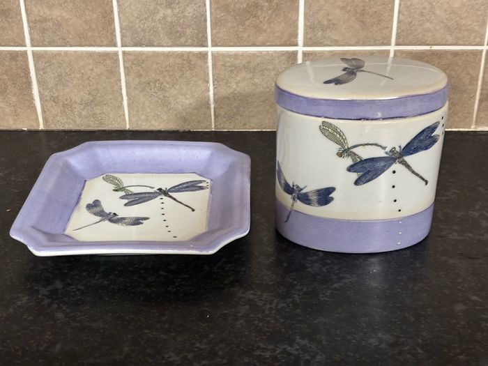 Vintage Roches Stores Handpainted Dragonfly Lidded Jar and Tray