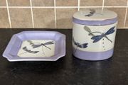 Vintage Roches Stores Handpainted Dragonfly Lidded Jar and Tray