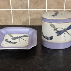 Vintage Roches Stores Handpainted Dragonfly Lidded Jar and Tray