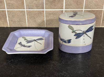 Vintage Roches Stores Handpainted Dragonfly Lidded Jar and Tray