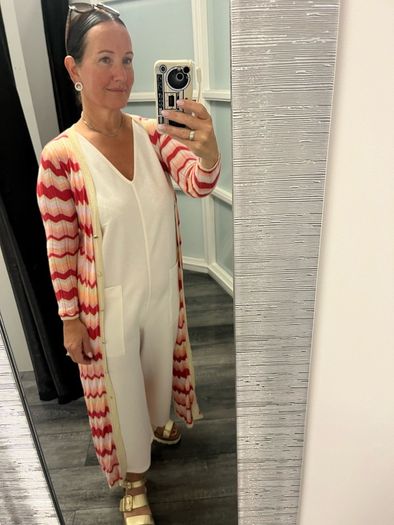 jumpsuit and cardigan