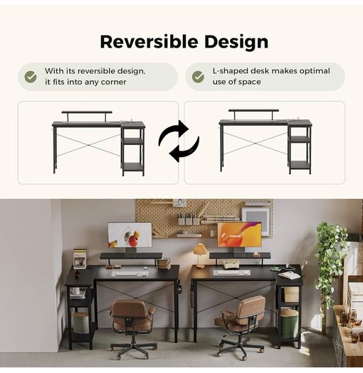 Small L-Shaped Desk with LED, 120x70cm Computer Desk with Monitor Stand