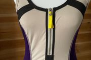 Womens top KAREN MILLEN Blouse size 8/10 Beige Purple Sleeveless Scoop Neck Zip Ladies