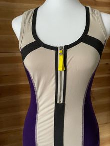 Womens top KAREN MILLEN Blouse size 8/10 Beige Purple Sleeveless Scoop Neck Zip Ladies