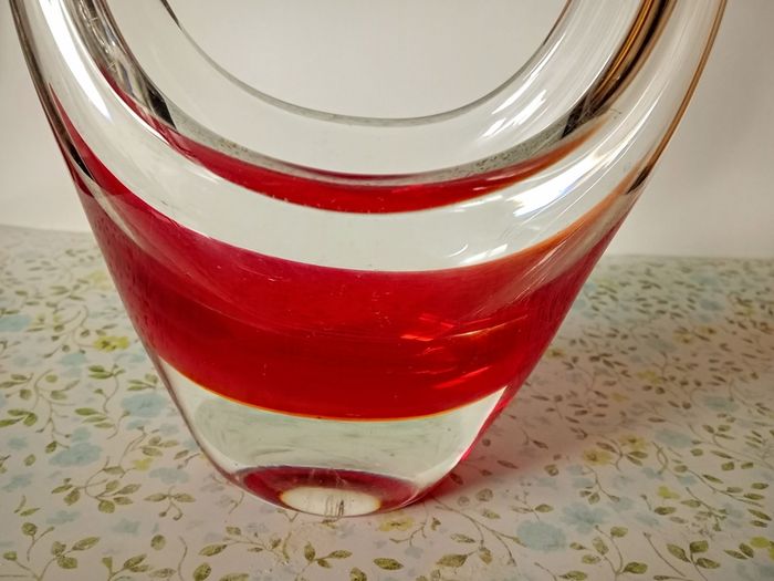 Vintage Murano Art Glass Basket Vase Red And Clear Glass.